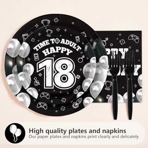 96 Pcs Black White 18th Birthday Party Plates and Napkins - Grencian