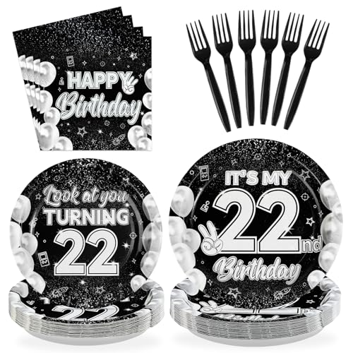 96 Pcs Black White 22th Birthday Party Plates and Napkins - Grencian