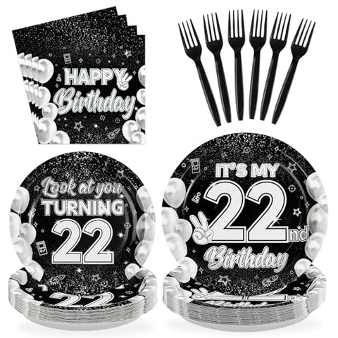 96 Pcs Black White 22th Birthday Party Plates and Napkins - Grencian