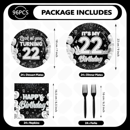96 Pcs Black White 22th Birthday Party Plates and Napkins - Grencian