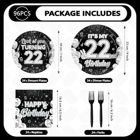 96 Pcs Black White 22th Birthday Party Plates and Napkins - Grencian