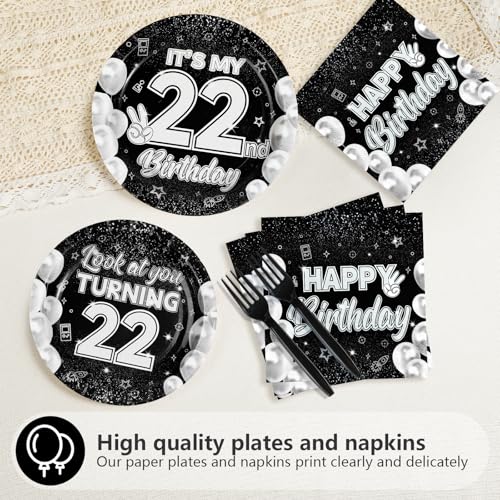 96 Pcs Black White 22th Birthday Party Plates and Napkins - Grencian