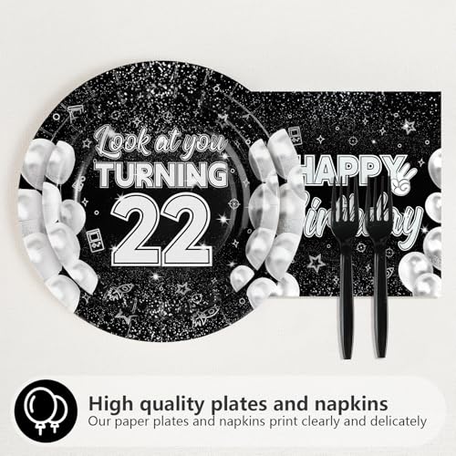 96 Pcs Black White 22th Birthday Party Plates and Napkins - Grencian