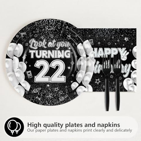 96 Pcs Black White 22th Birthday Party Plates and Napkins - Grencian