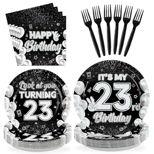 96 Pcs Black White 23rd Birthday Party Plates and Napkins - Grencian