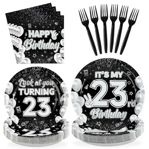96 Pcs Black White 23rd Birthday Party Plates and Napkins - Grencian