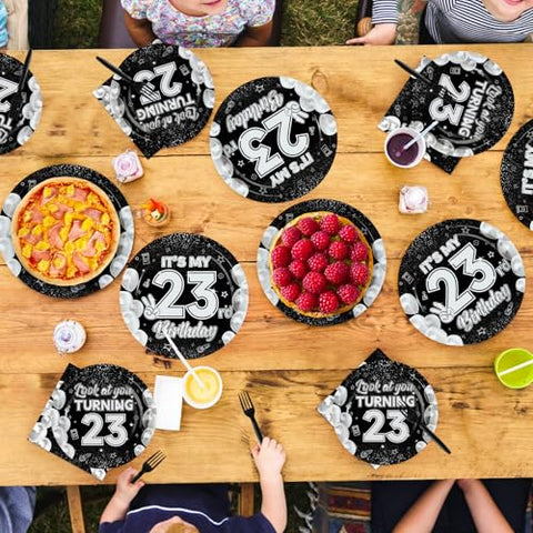 96 Pcs Black White 23rd Birthday Party Plates and Napkins - Grencian