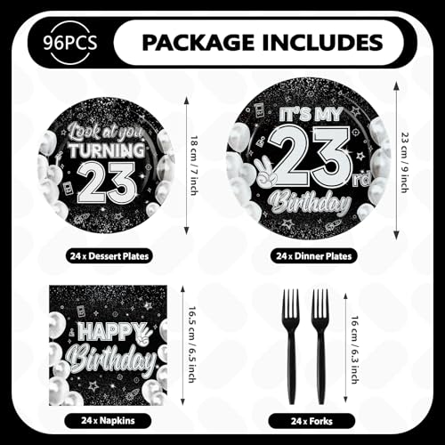 96 Pcs Black White 23rd Birthday Party Plates and Napkins - Grencian