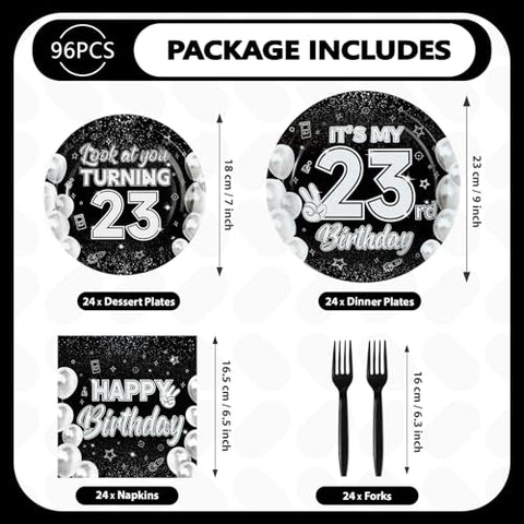 96 Pcs Black White 23rd Birthday Party Plates and Napkins - Grencian