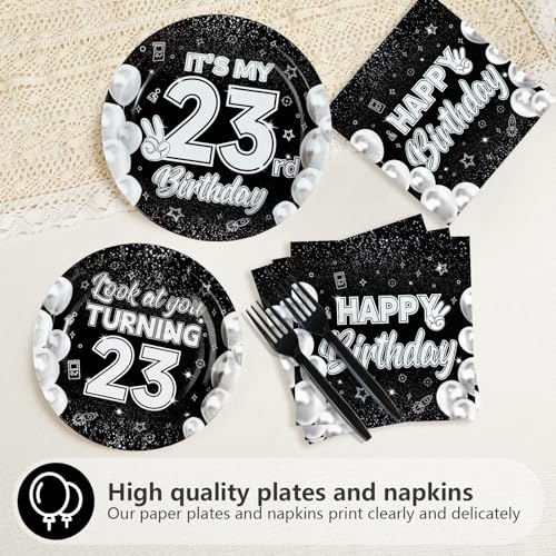 96 Pcs Black White 23rd Birthday Party Plates and Napkins - Grencian