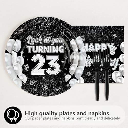 96 Pcs Black White 23rd Birthday Party Plates and Napkins - Grencian