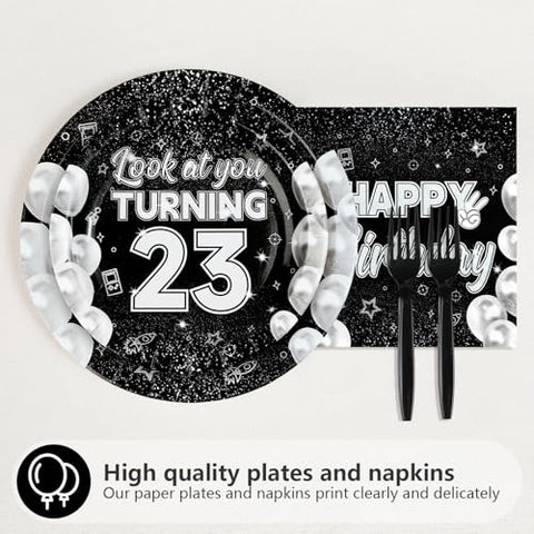 96 Pcs Black White 23rd Birthday Party Plates and Napkins - Grencian