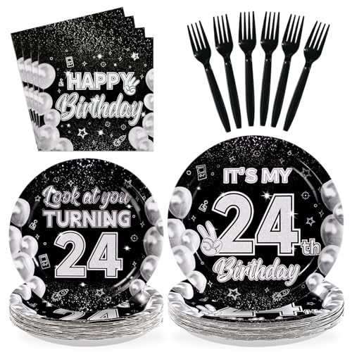 96 Pcs Black White 24th Birthday Party Plates and Napkins - Grencian