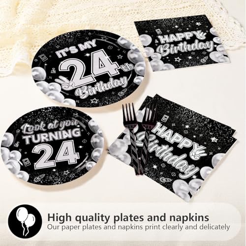96 Pcs Black White 24th Birthday Party Plates and Napkins - Grencian