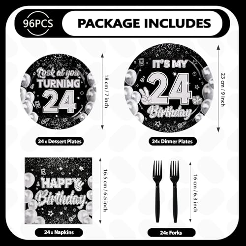 96 Pcs Black White 24th Birthday Party Plates and Napkins - Grencian