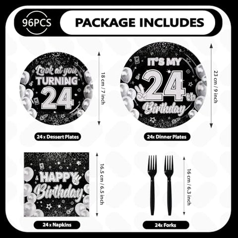 96 Pcs Black White 24th Birthday Party Plates and Napkins - Grencian