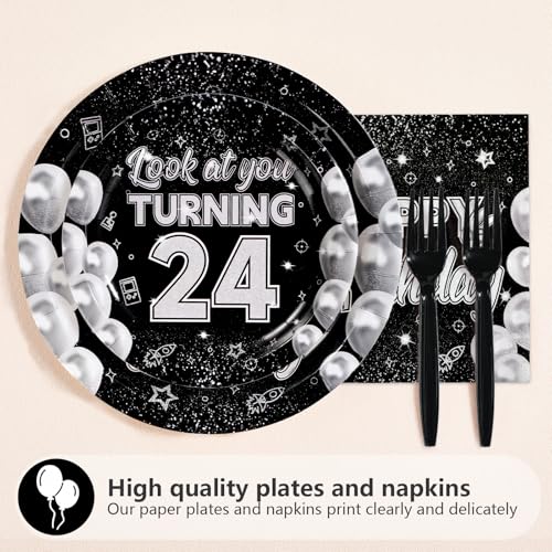 96 Pcs Black White 24th Birthday Party Plates and Napkins - Grencian