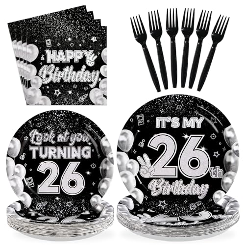 96 Pcs Black White 26th Birthday Party Plates and Napkins - Grencian