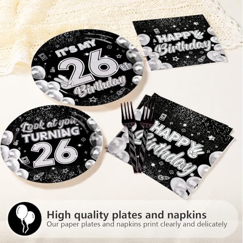 96 Pcs Black White 26th Birthday Party Plates and Napkins - Grencian