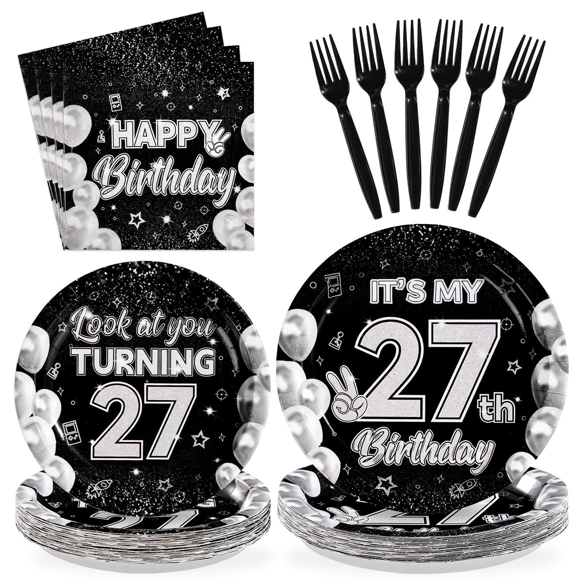 96 Pcs Black White 27th Birthday Party Plates and Napkins - Grencian
