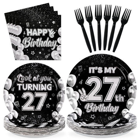 96 Pcs Black White 27th Birthday Party Plates and Napkins - Grencian