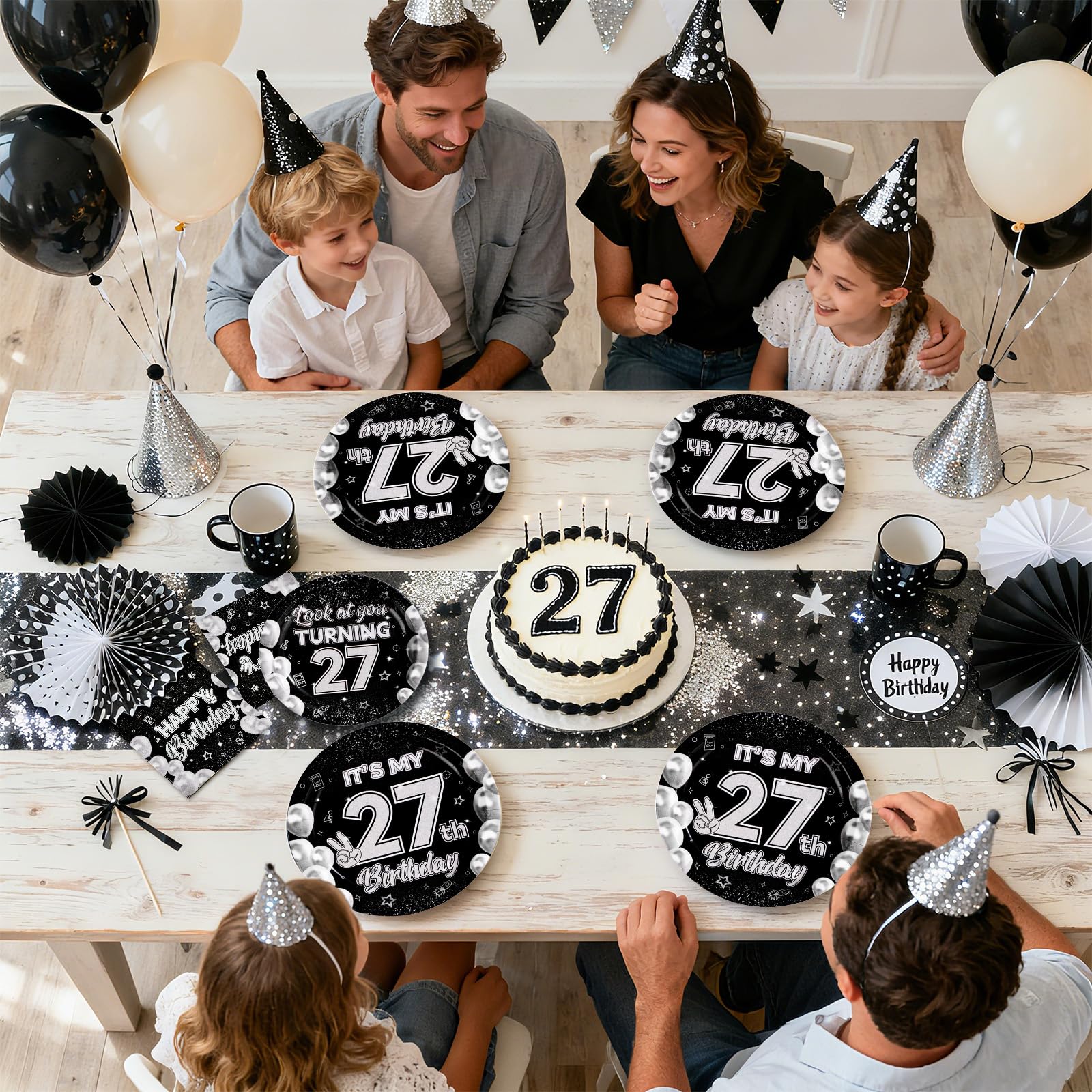 96 Pcs Black White 27th Birthday Party Plates and Napkins - Grencian