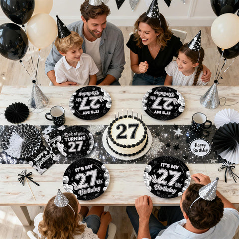 96 Pcs Black White 27th Birthday Party Plates and Napkins - Grencian