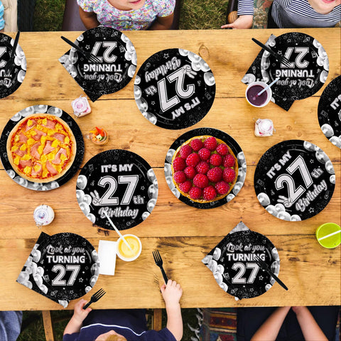 96 Pcs Black White 27th Birthday Party Plates and Napkins - Grencian