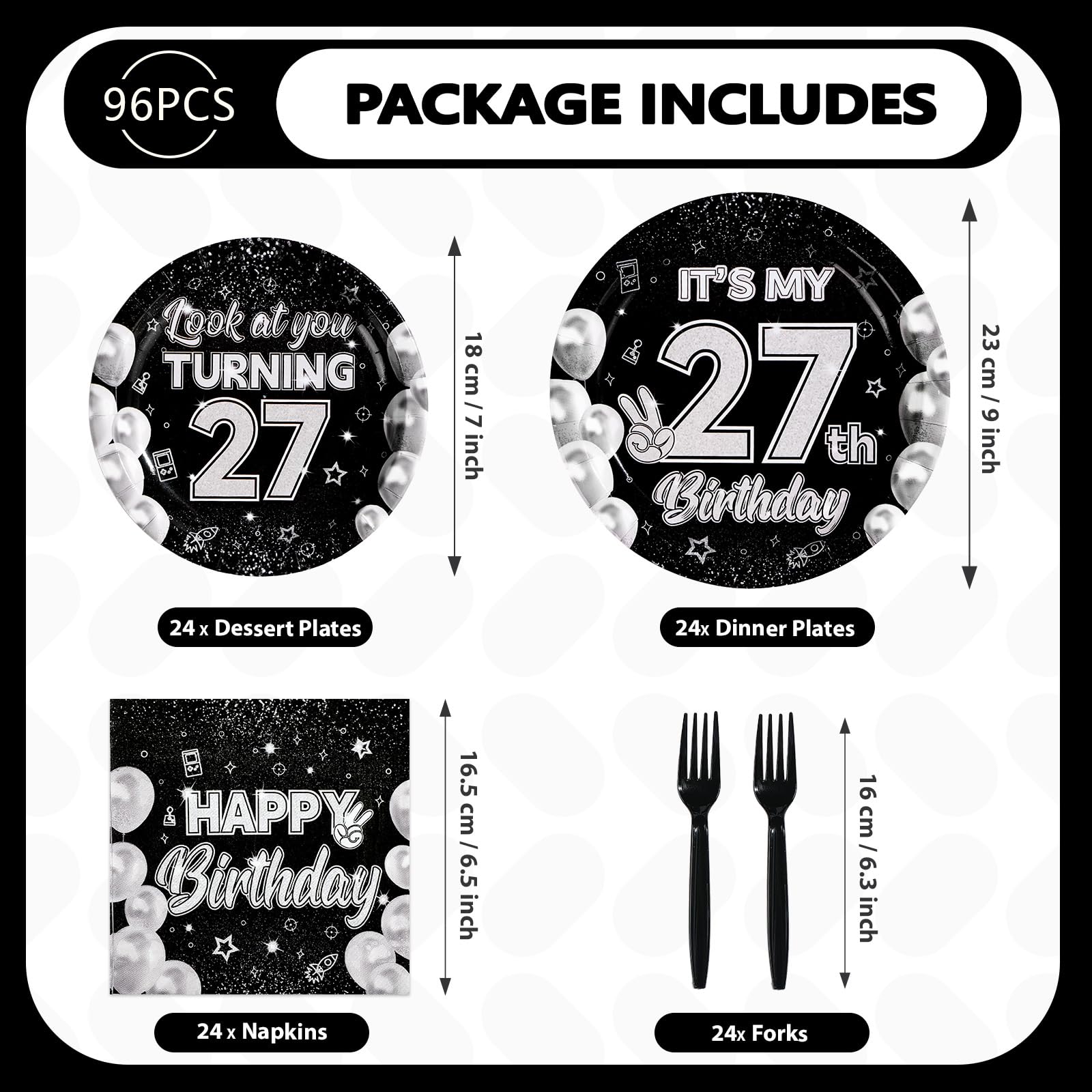 96 Pcs Black White 27th Birthday Party Plates and Napkins - Grencian