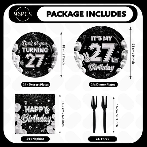 96 Pcs Black White 27th Birthday Party Plates and Napkins - Grencian