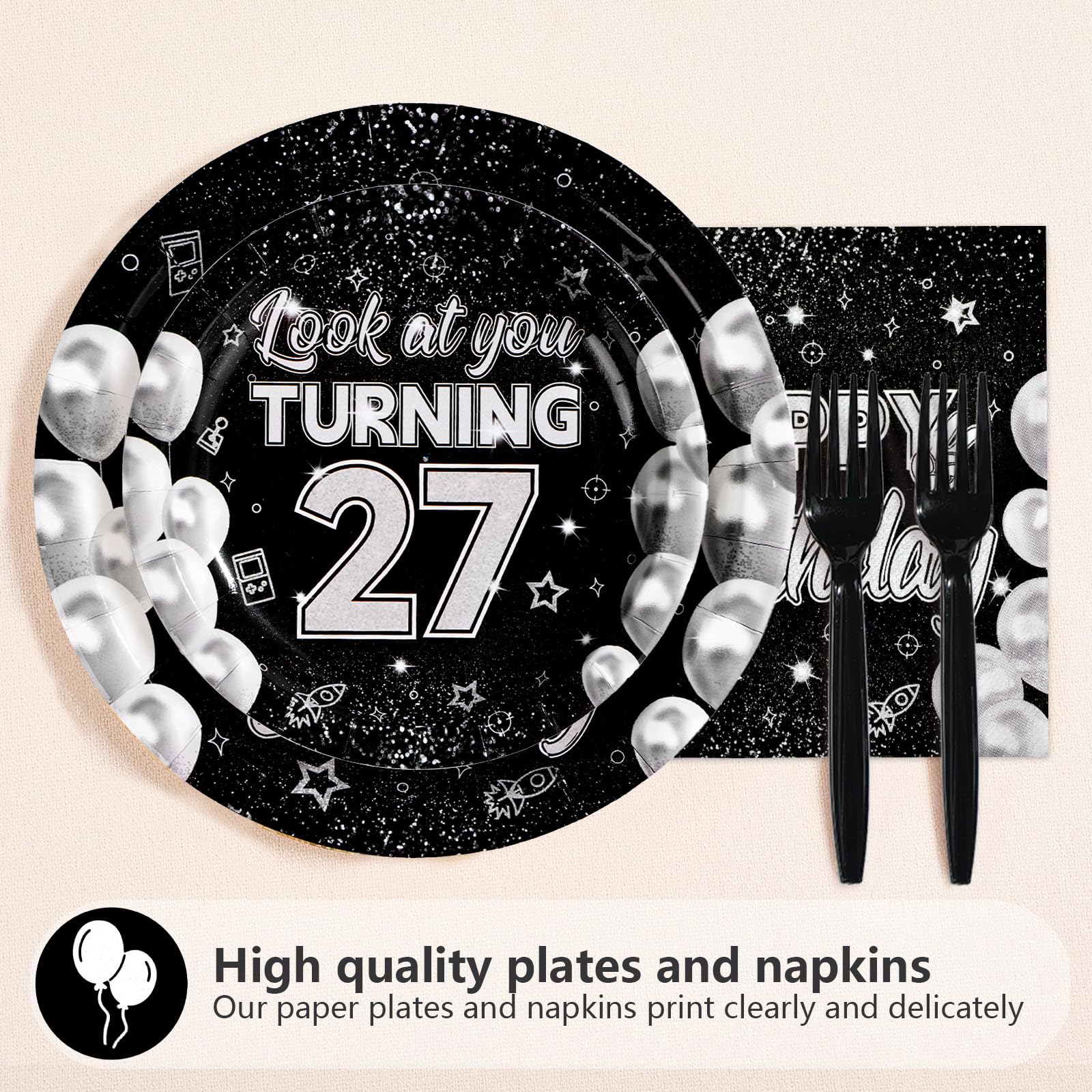 96 Pcs Black White 27th Birthday Party Plates and Napkins - Grencian
