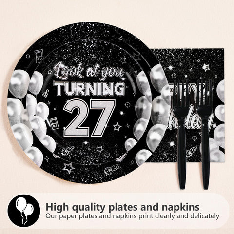 96 Pcs Black White 27th Birthday Party Plates and Napkins - Grencian