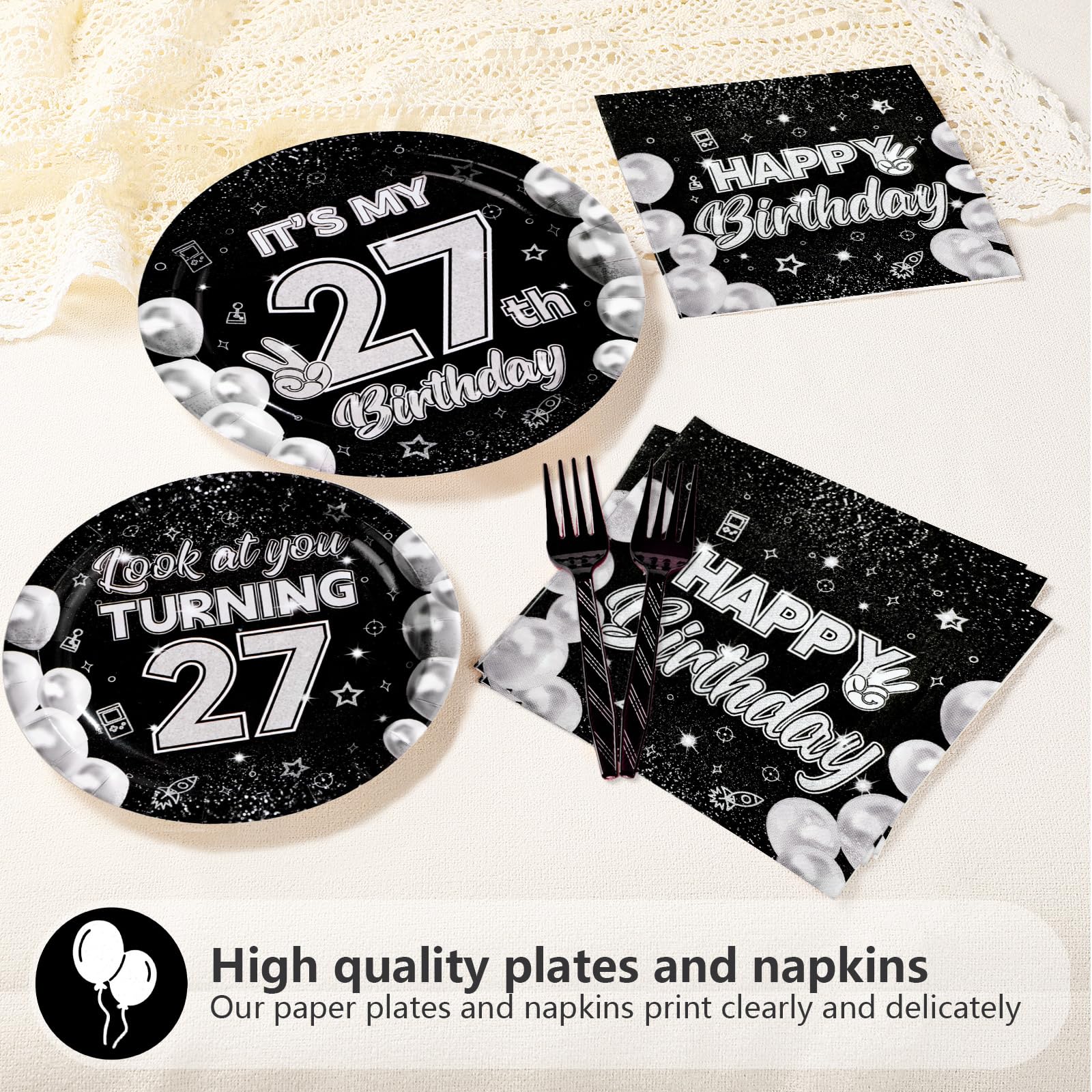 96 Pcs Black White 27th Birthday Party Plates and Napkins - Grencian
