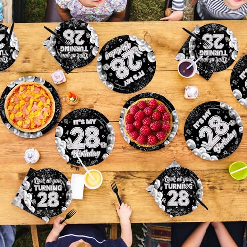 96 Pcs Black White 28th Birthday Party Plates and Napkins - Grencian