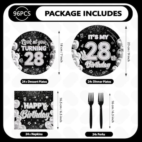 96 Pcs Black White 28th Birthday Party Plates and Napkins - Grencian