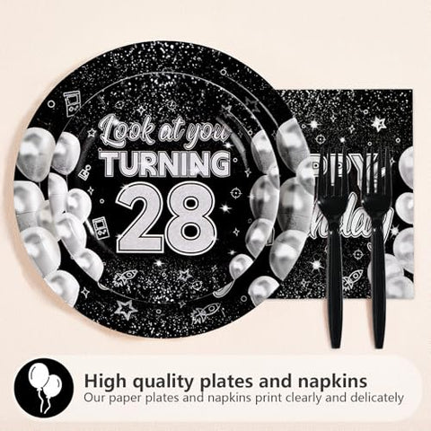 96 Pcs Black White 28th Birthday Party Plates and Napkins - Grencian