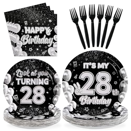 96 Pcs Black White 28th Birthday Party Plates and Napkins - Grencian