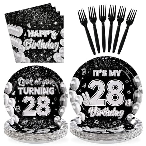 96 Pcs Black White 28th Birthday Party Plates and Napkins - Grencian