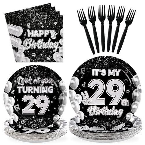 96 Pcs Black White 29th Birthday Party Plates and Napkins - Grencian