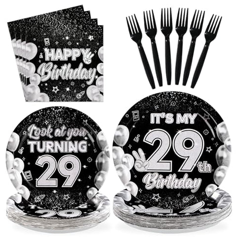 96 Pcs Black White 29th Birthday Party Plates and Napkins - Grencian