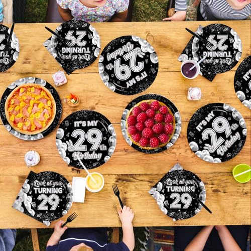 96 Pcs Black White 29th Birthday Party Plates and Napkins - Grencian