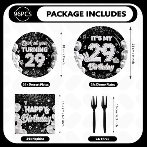 96 Pcs Black White 29th Birthday Party Plates and Napkins - Grencian