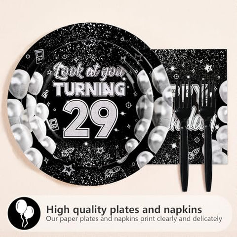 96 Pcs Black White 29th Birthday Party Plates and Napkins - Grencian