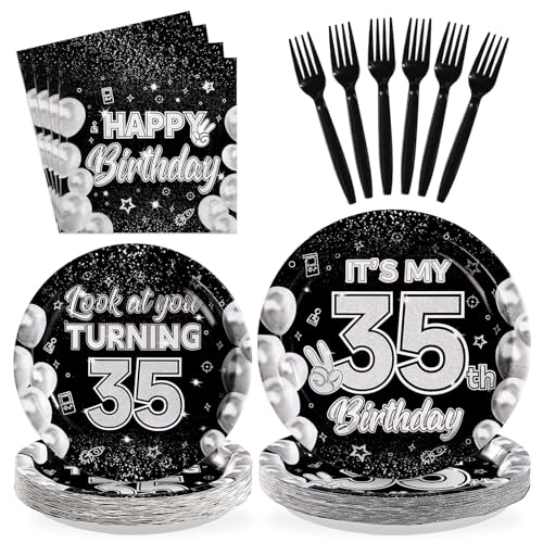 96 Pcs Black White 35th Birthday Party Plates and Napkins - Grencian