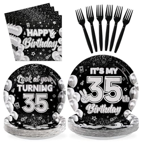 96 Pcs Black White 35th Birthday Party Plates and Napkins - Grencian