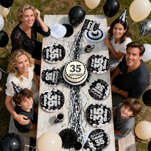 96 Pcs Black White 35th Birthday Party Plates and Napkins - Grencian