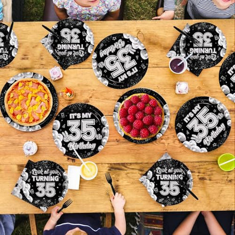 96 Pcs Black White 35th Birthday Party Plates and Napkins - Grencian