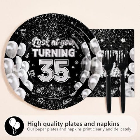 96 Pcs Black White 35th Birthday Party Plates and Napkins - Grencian