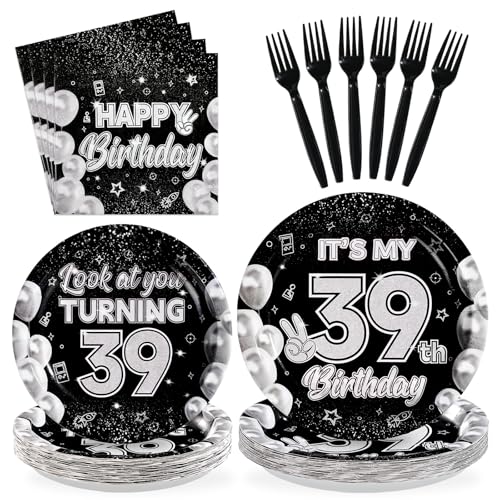 96 Pcs Black White 39th Birthday Party Plates and Napkins - Grencian