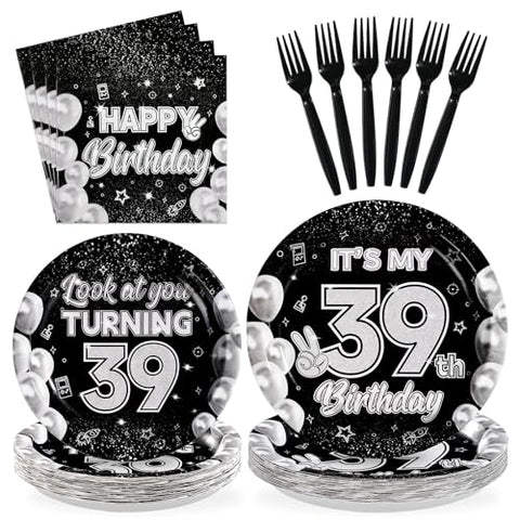 96 Pcs Black White 39th Birthday Party Plates and Napkins - Grencian